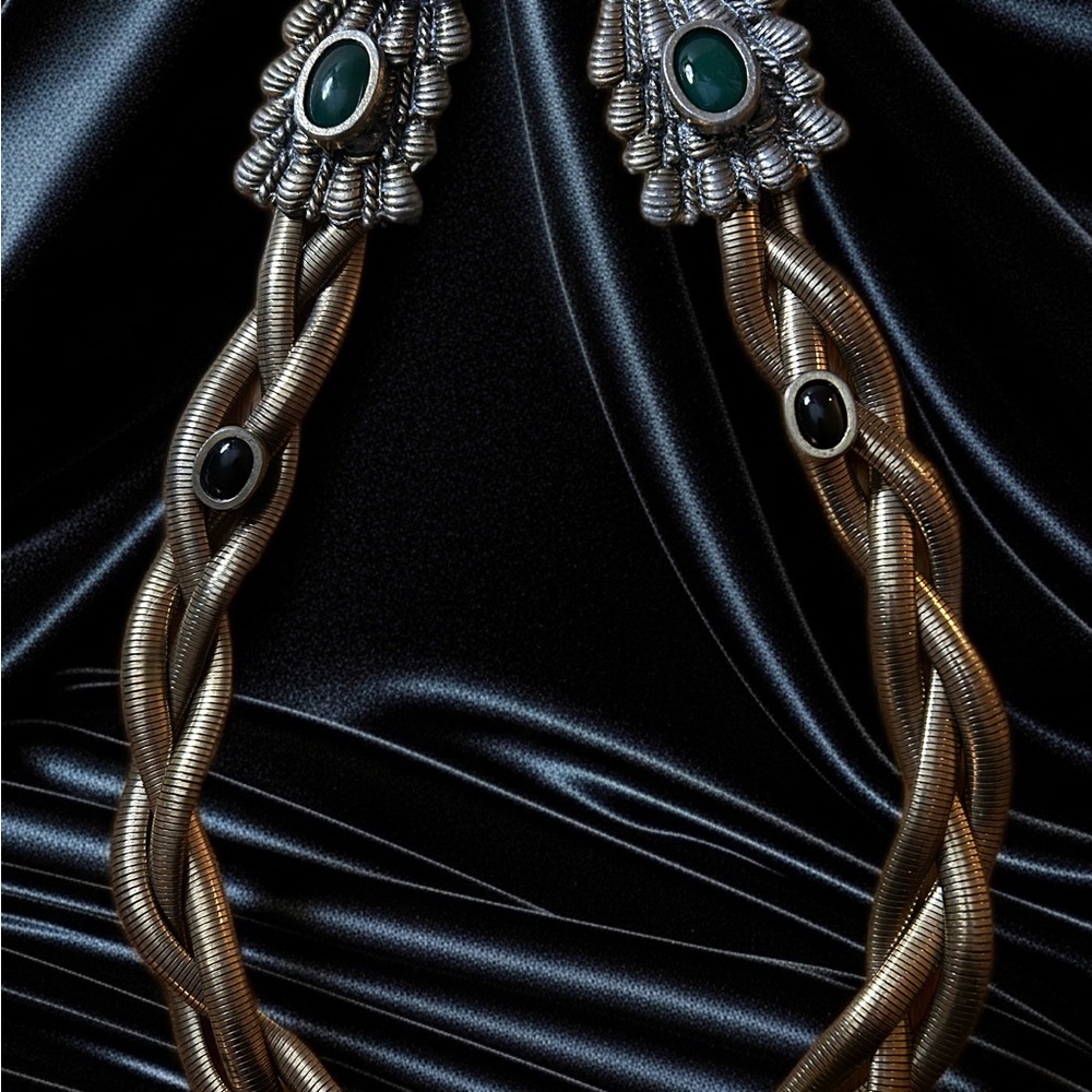 Gold-Tone Braided Necklace with Green and Black Stone Accents